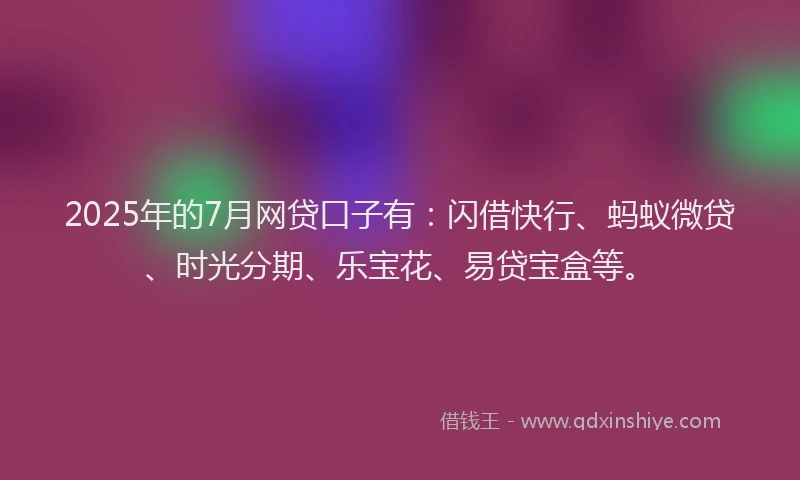 2025年的7月网贷口子有：闪借快行、蚂蚁微贷、时光分期、乐宝花、易贷宝盒等。