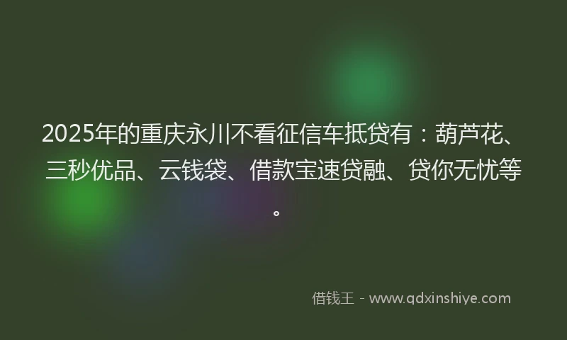 2025年的重庆永川不看征信车抵贷有：葫芦花、三秒优品、云钱袋、借款宝速贷融、贷你无忧等。
