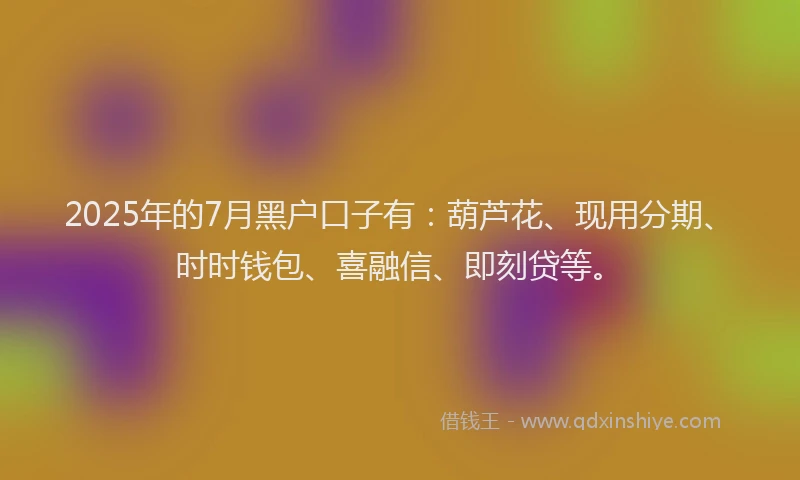 2025年的7月黑户口子有：葫芦花、现用分期、时时钱包、喜融信、即刻贷等。