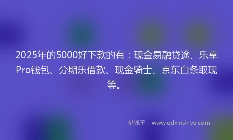 2025年的5000好下款的有：现金易融贷途、乐享Pro钱包、分期乐借款、现金骑士、京东白条取现等。