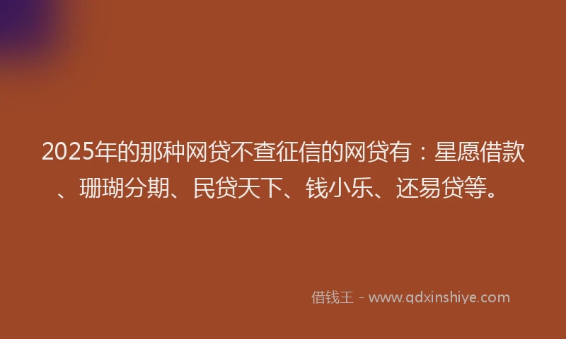 2025年的那种网贷不查征信的网贷有：星愿借款、珊瑚分期、民贷天下、钱小乐、还易贷等。