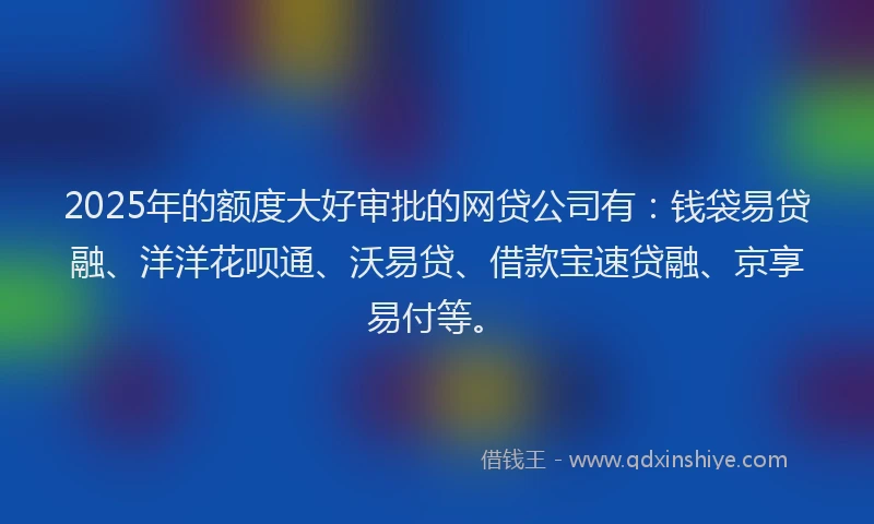 2025年的额度大好审批的网贷公司有：钱袋易贷融、洋洋花呗通、沃易贷、借款宝速贷融、京享易付等。