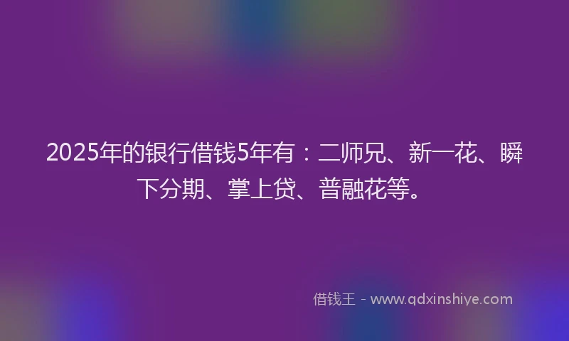 2025年的银行借钱5年有：二师兄、新一花、瞬下分期、掌上贷、普融花等。