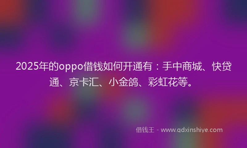 2025年的oppo借钱如何开通有:手中商城、快贷通、京卡汇、小金鸽、彩虹花等。