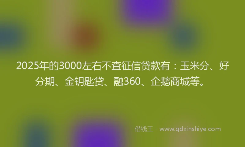 2025年的3000左右不查征信贷款有：玉米分、好分期、金钥匙贷、融360、企鹅商城等。