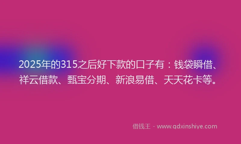 2025年的315之后好下款的口子有：钱袋瞬借、祥云借款、甄宝分期、新浪易借、天天花卡等。