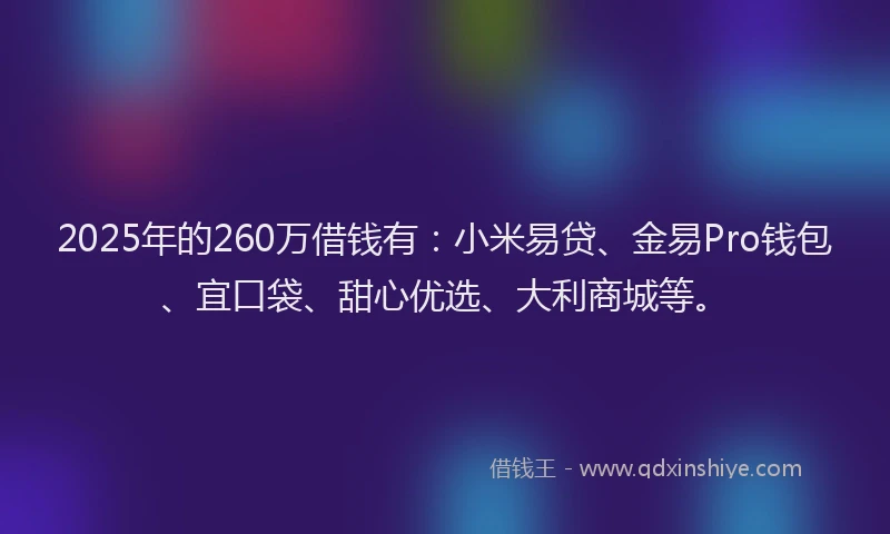 2025年的260万借钱有：小米易贷、金易Pro钱包、宜口袋、甜心优选、大利商城等。