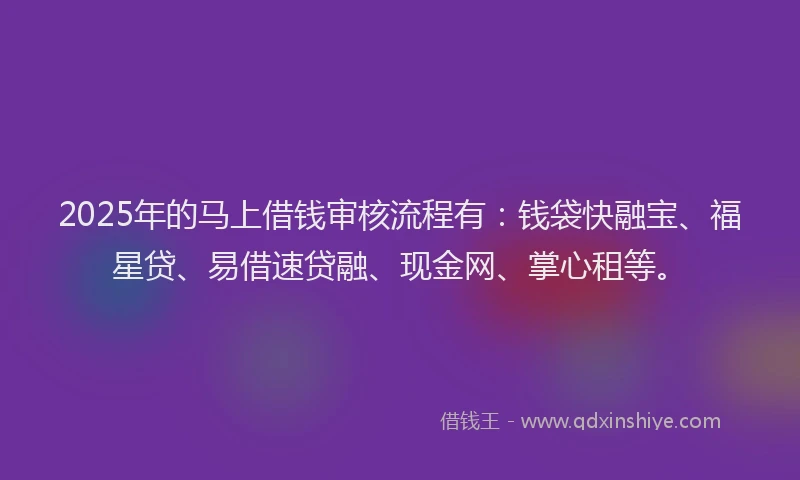 2025年的马上借钱审核流程有：钱袋快融宝、福星贷、易借速贷融、现金网、掌心租等。