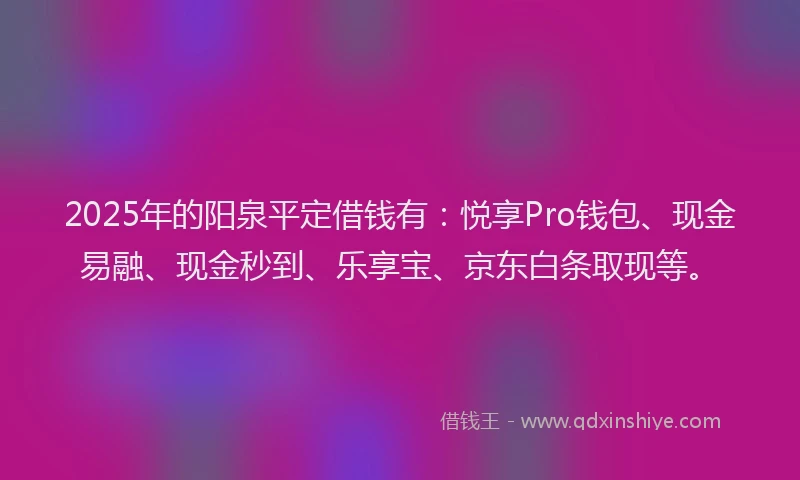 2025年的阳泉平定借钱有：悦享Pro钱包、现金易融、现金秒到、乐享宝、京东白条取现等。