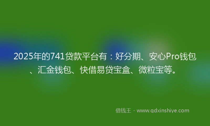 2025年的741贷款平台有：好分期、安心Pro钱包、汇金钱包、快借易贷宝盒、微粒宝等。