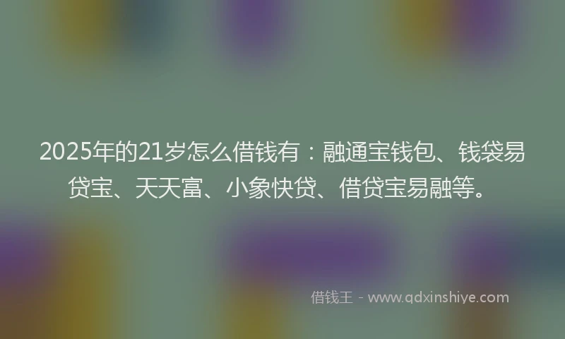 2025年的21岁怎么借钱有:融通宝钱包、钱袋易贷宝、天天富、小象快贷、借贷宝易融等。