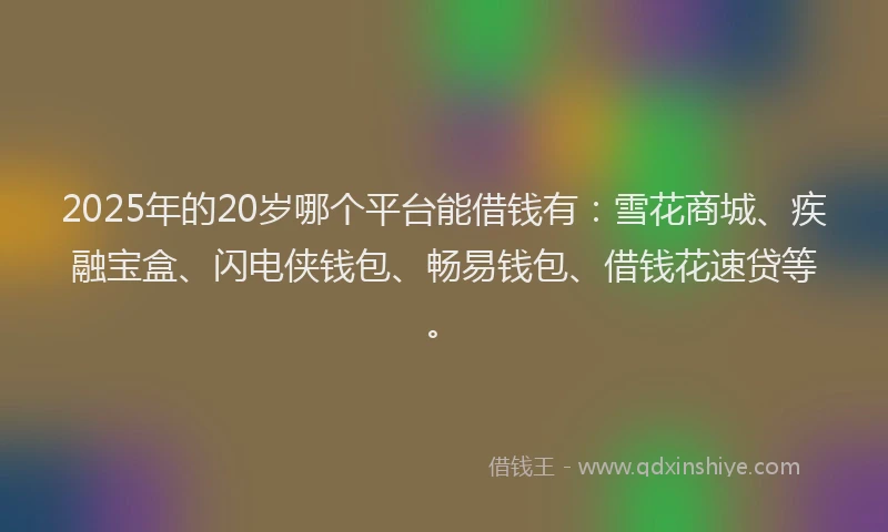 2025年的20岁哪个平台能借钱有:雪花商城、疾融宝盒、闪电侠钱包、畅易钱包、借钱花速贷等。