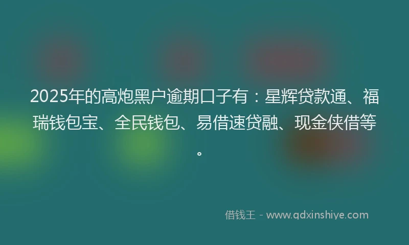 2025年的高炮黑户逾期口子有：星辉贷款通、福瑞钱包宝、全民钱包、易借速贷融、现金侠借等。