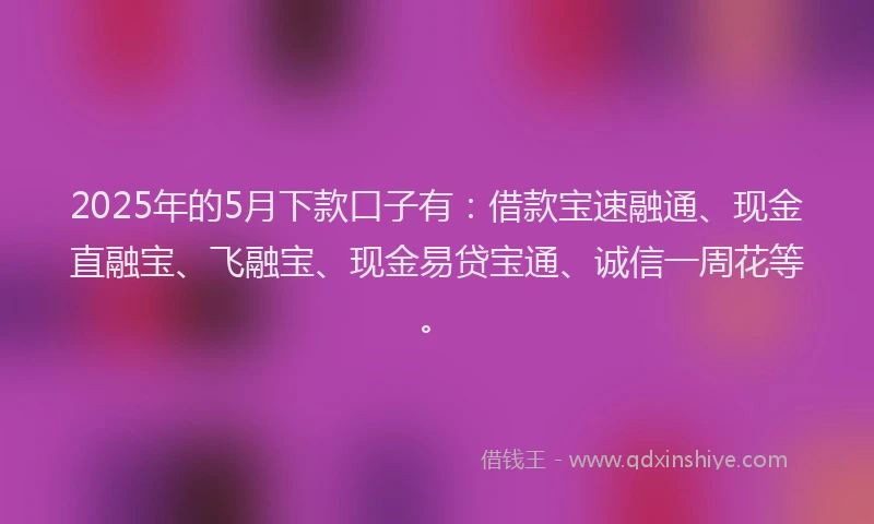2025年的5月下款口子有：借款宝速融通、现金直融宝、飞融宝、现金易贷宝通、诚信一周花等。