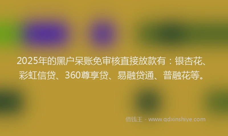 2025年的黑户呆账免审核直接放款有：银杏花、彩虹信贷、360尊享贷、易融贷通、普融花等。