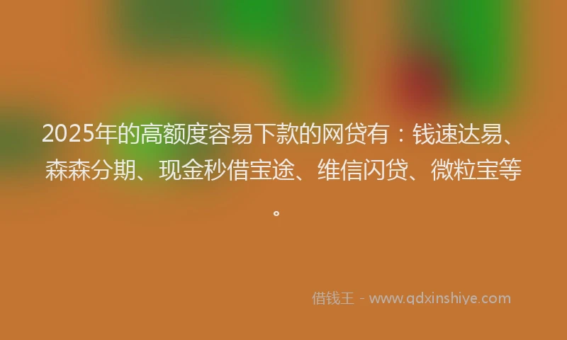 2025年的高额度容易下款的网贷有：钱速达易、森森分期、现金秒借宝途、维信闪贷、微粒宝等。