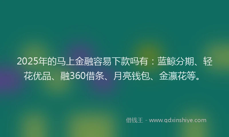 2025年的马上金融容易下款吗有：蓝鲸分期、轻花优品、融360借条、月亮钱包、金瀛花等。