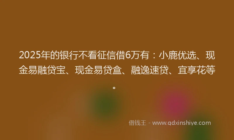2025年的银行不看征信借6万有：小鹿优选、现金易融贷宝、现金易贷盒、融逸速贷、宜享花等。