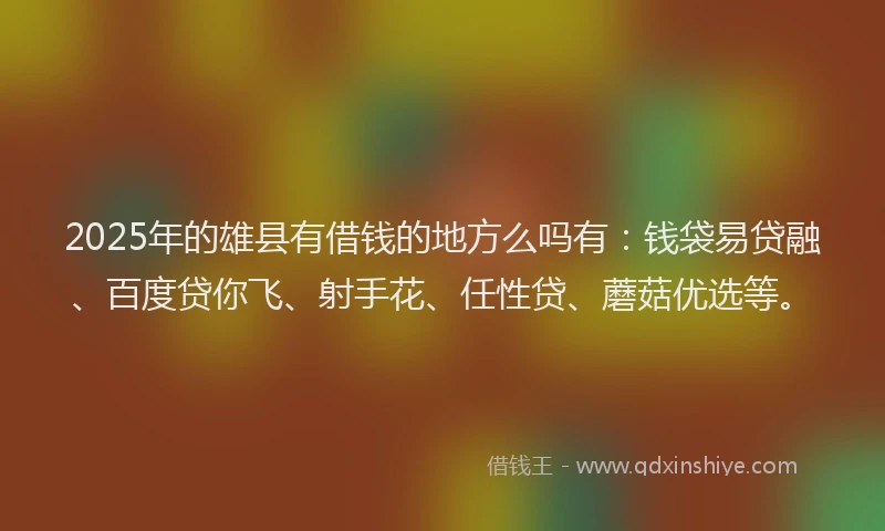 2025年的雄县有借钱的地方么吗有：钱袋易贷融、百度贷你飞、射手花、任性贷、蘑菇优选等。