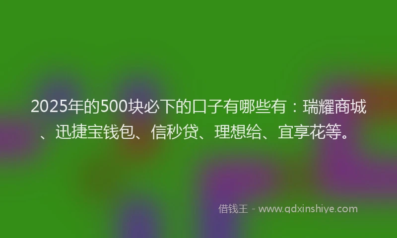 2025年的500块必下的口子有哪些有：瑞耀商城、迅捷宝钱包、信秒贷、理想给、宜享花等。