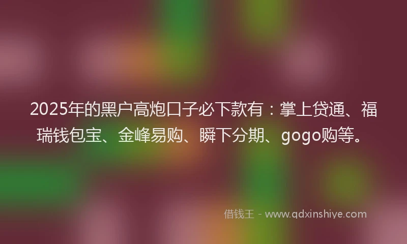 2025年的黑户高炮口子必下款有：掌上贷通、福瑞钱包宝、金峰易购、瞬下分期、gogo购等。