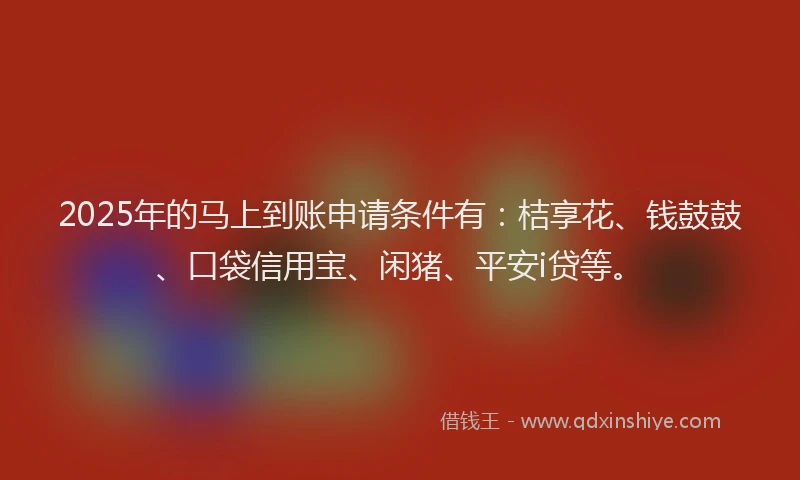 2025年的马上到账申请条件有：桔享花、钱鼓鼓、口袋信用宝、闲猪、平安i贷等。