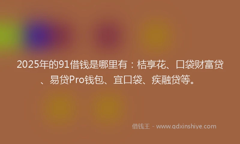 2025年的91借钱是哪里有：桔享花、口袋财富贷、易贷Pro钱包、宜口袋、疾融贷等。