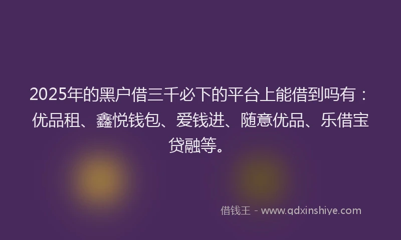 2025年的黑户借三千必下的平台上能借到吗有：优品租、鑫悦钱包、爱钱进、随意优品、乐借宝贷融等。