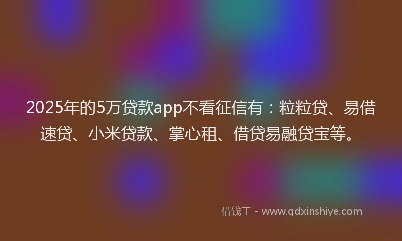 2025年的5万贷款app不看征信有：粒粒贷、易借速贷、小米贷款、掌心租、借贷易融贷宝等。