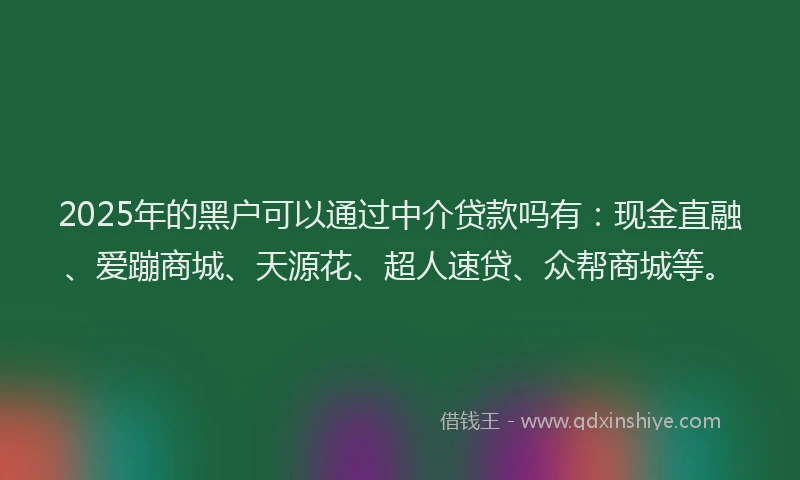 2025年的黑户可以通过中介贷款吗有：现金直融、爱蹦商城、天源花、超人速贷、众帮商城等。
