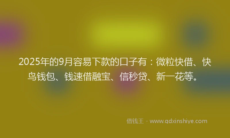2025年的9月容易下款的口子有：微粒快借、快鸟钱包、钱速借融宝、信秒贷、新一花等。