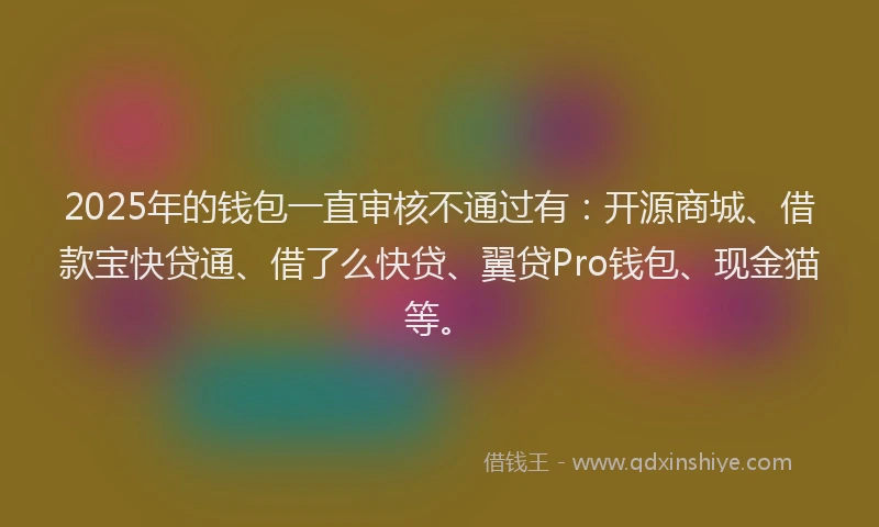 2025年的钱包一直审核不通过有：开源商城、借款宝快贷通、借了么快贷、翼贷Pro钱包、现金猫等。