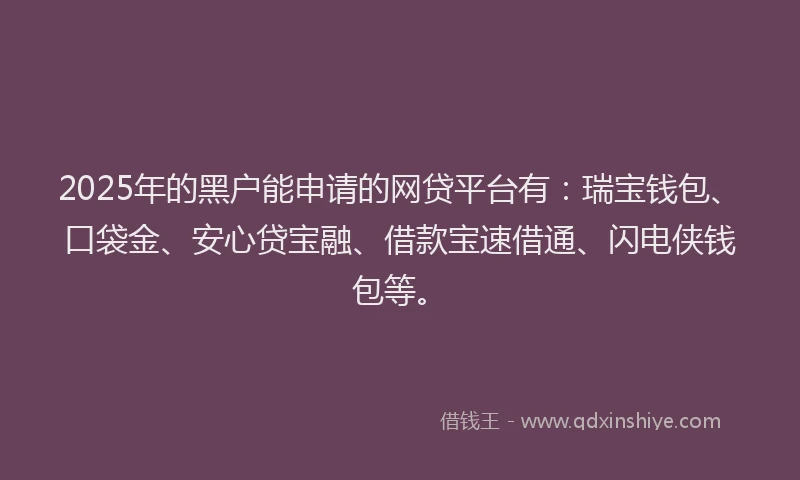2025年的黑户能申请的网贷平台有：瑞宝钱包、口袋金、安心贷宝融、借款宝速借通、闪电侠钱包等。