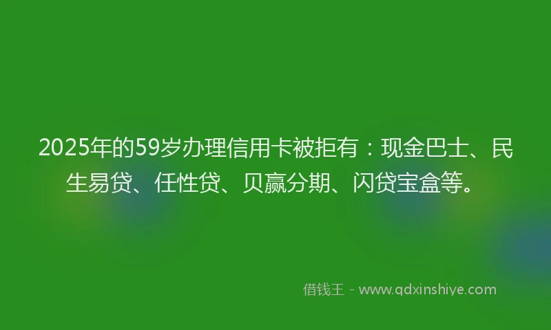 2025年的59岁办理信用卡被拒有：现金巴士、民生易贷、任性贷、贝赢分期、闪贷宝盒等。