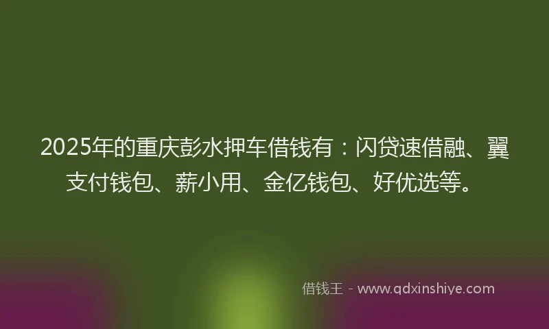 2025年的重庆彭水押车借钱有：闪贷速借融、翼支付钱包、薪小用、金亿钱包、好优选等。