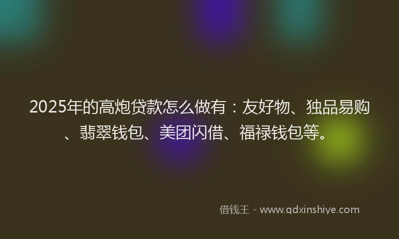 2025年的高炮贷款怎么做有：友好物、独品易购、翡翠钱包、美团闪借、福禄钱包等。