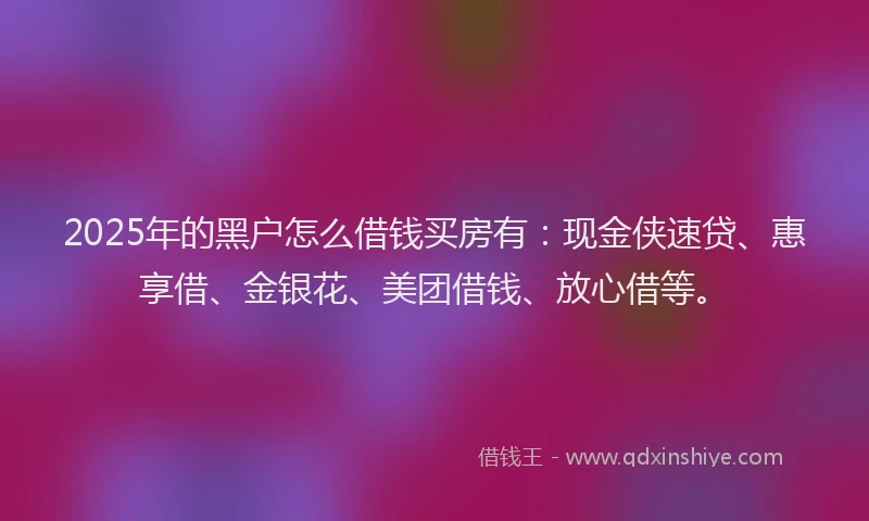2025年的黑户怎么借钱买房有：现金侠速贷、惠享借、金银花、美团借钱、放心借等。