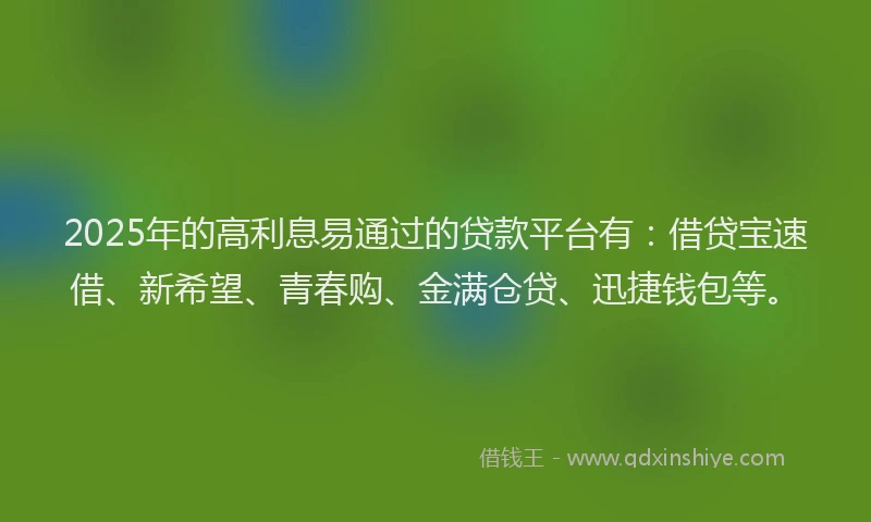 2025年的高利息易通过的贷款平台有：借贷宝速借、新希望、青春购、金满仓贷、迅捷钱包等。