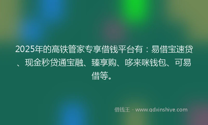 2025年的高铁管家专享借钱平台有：易借宝速贷、现金秒贷通宝融、臻享购、哆来咪钱包、可易借等。