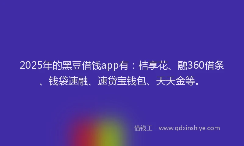 2025年的黑豆借钱app有:桔享花、融360借条、钱袋速融、速贷宝钱包、天天金等。
