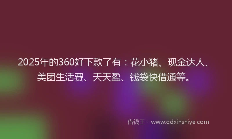 2025年的360好下款了有：花小猪、现金达人、美团生活费、天天盈、钱袋快借通等。