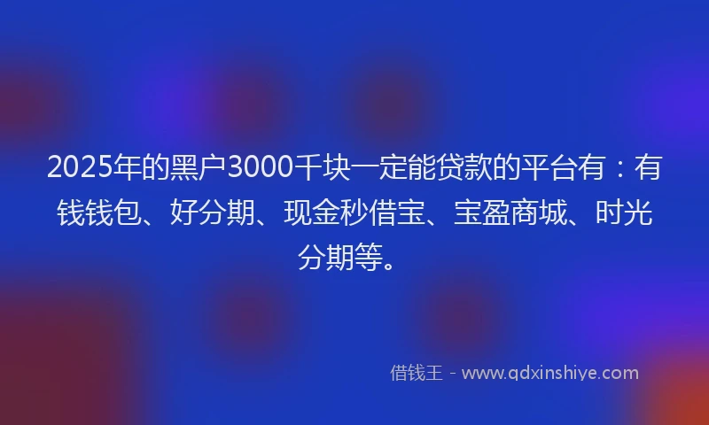 2025年的黑户3000千块一定能贷款的平台有：有钱钱包、好分期、现金秒借宝、宝盈商城、时光分期等。