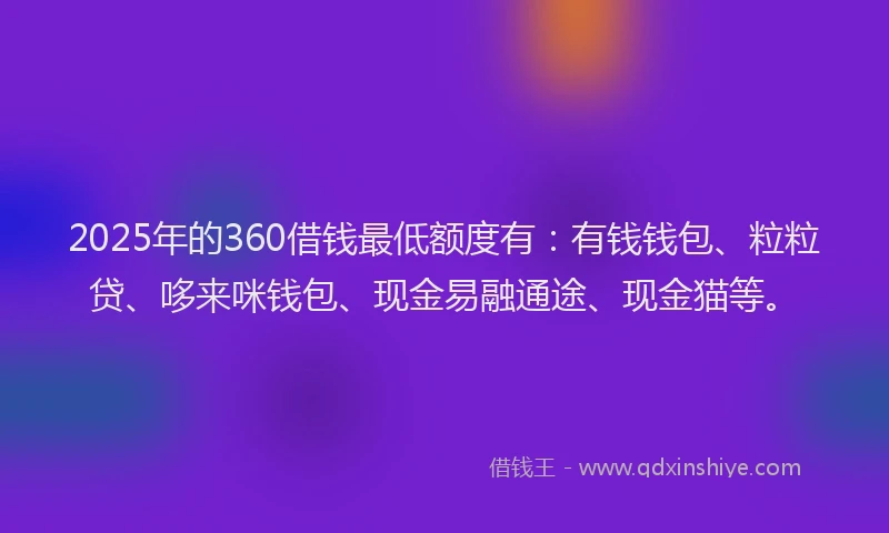 2025年的360借钱最低额度有：有钱钱包、粒粒贷、哆来咪钱包、现金易融通途、现金猫等。