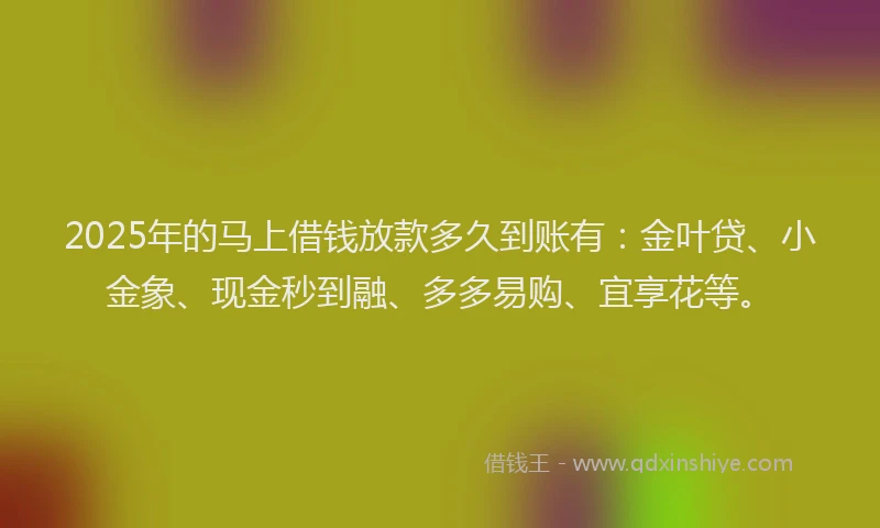2025年的马上借钱放款多久到账有：金叶贷、小金象、现金秒到融、多多易购、宜享花等。
