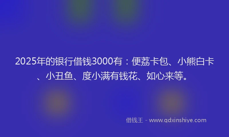 2025年的银行借钱3000有：便荔卡包、小熊白卡、小丑鱼、度小满有钱花、如心来等。