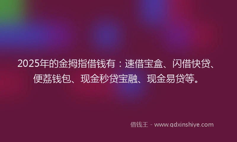 2025年的金拇指借钱有：速借宝盒、闪借快贷、便荔钱包、现金秒贷宝融、现金易贷等。