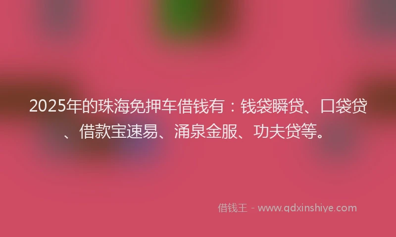 2025年的珠海免押车借钱有：钱袋瞬贷、口袋贷、借款宝速易、涌泉金服、功夫贷等。