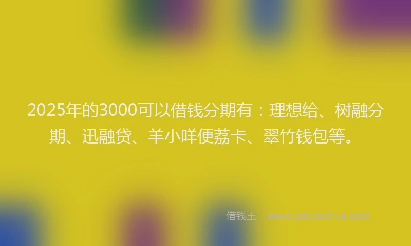 2025年的3000可以借钱分期有：理想给、树融分期、迅融贷、羊小咩便荔卡、翠竹钱包等。