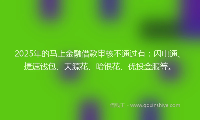 2025年的马上金融借款审核不通过有:闪电通、捷速钱包、天源花、哈银花、优投金服等。