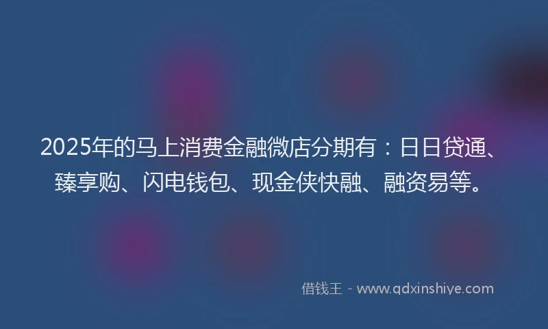 2025年的马上消费金融微店分期有：日日贷通、臻享购、闪电钱包、现金侠快融、融资易等。